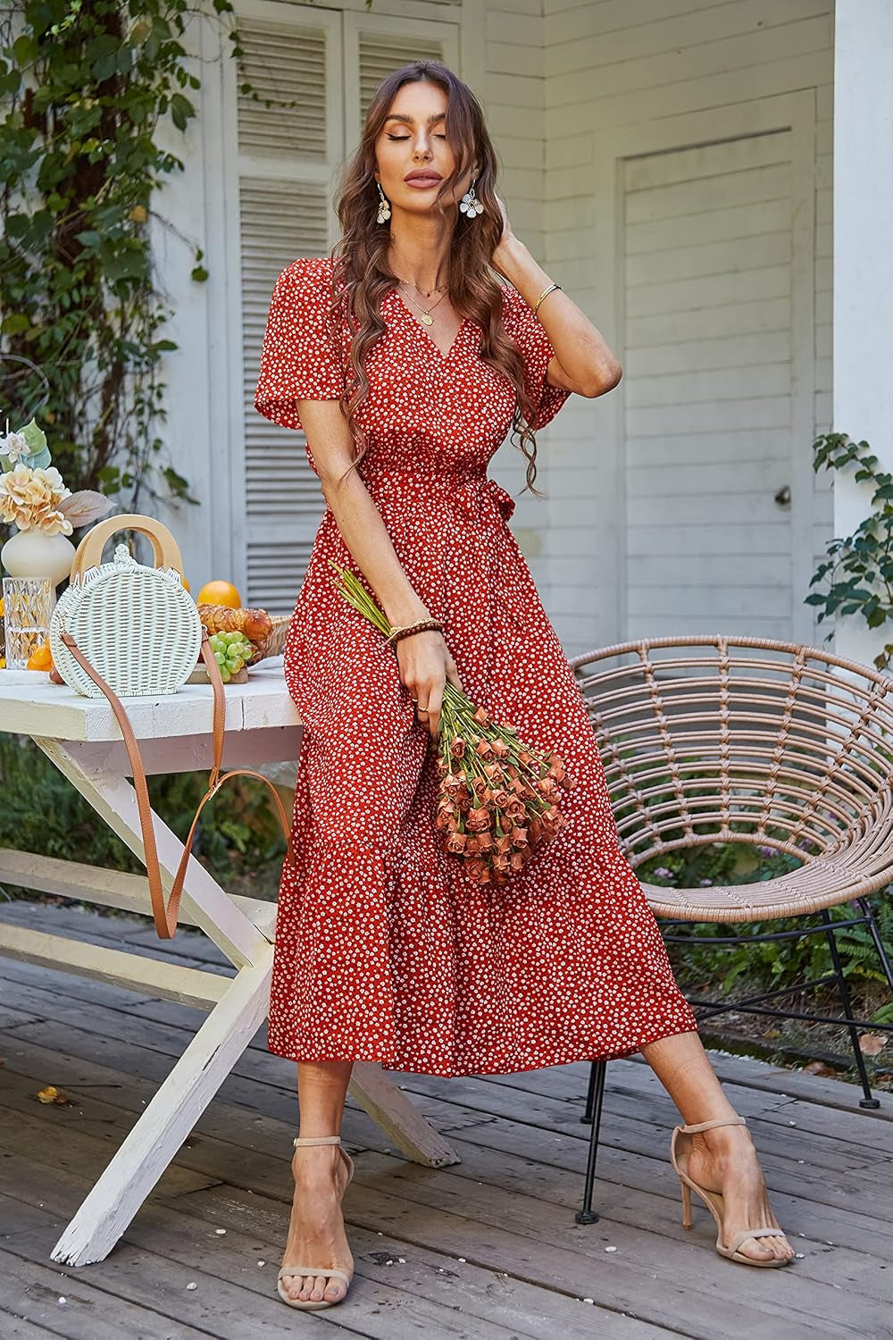 Women'S Summer Floral Boho Maxi Dress | Short Sleeve Wrap V Neck, Long Flowy Ruffle Dresses, Spring Wedding Guest Outfits for Beach Vacation, Resort Wear, Tea Party
