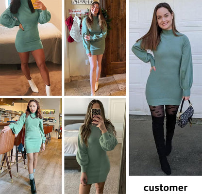 Women'S 2026 Mock Neck Ribbed Long Sleeve Bodycon Pullover Cute Mini Sweater Dress Vacation Outfits Winter Clothes