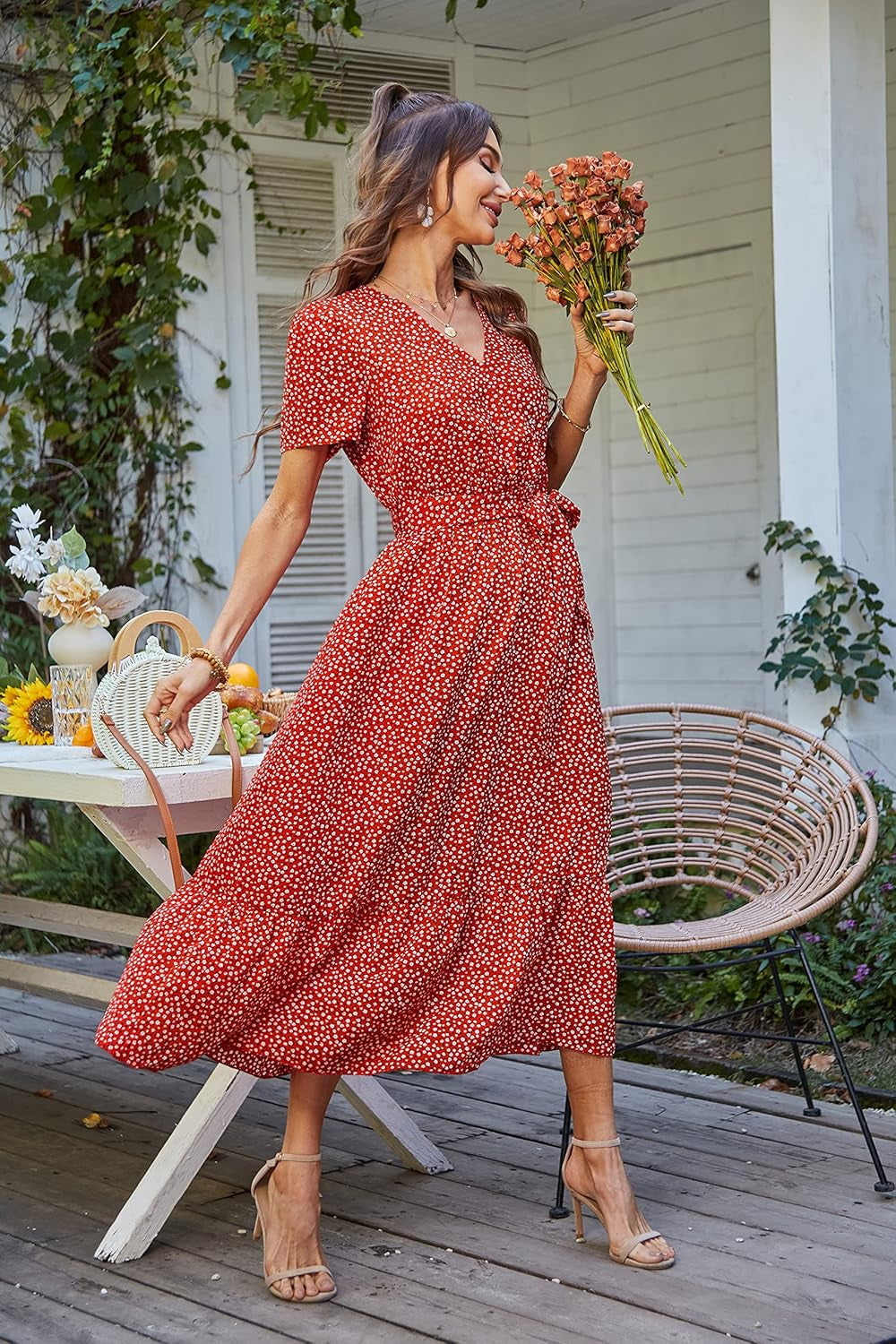 Women'S Summer Floral Boho Maxi Dress | Short Sleeve Wrap V Neck, Long Flowy Ruffle Dresses, Spring Wedding Guest Outfits for Beach Vacation, Resort Wear, Tea Party