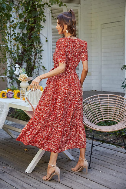 Women'S Summer Floral Boho Maxi Dress | Short Sleeve Wrap V Neck, Long Flowy Ruffle Dresses, Spring Wedding Guest Outfits for Beach Vacation, Resort Wear, Tea Party