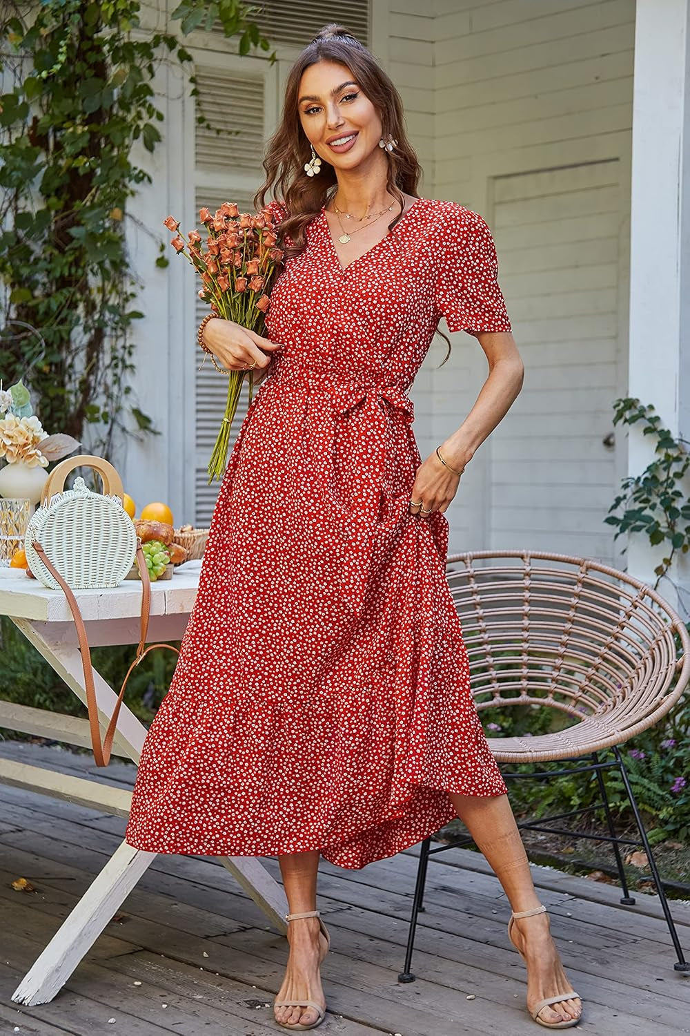 Women'S Summer Floral Boho Maxi Dress | Short Sleeve Wrap V Neck, Long Flowy Ruffle Dresses, Spring Wedding Guest Outfits for Beach Vacation, Resort Wear, Tea Party