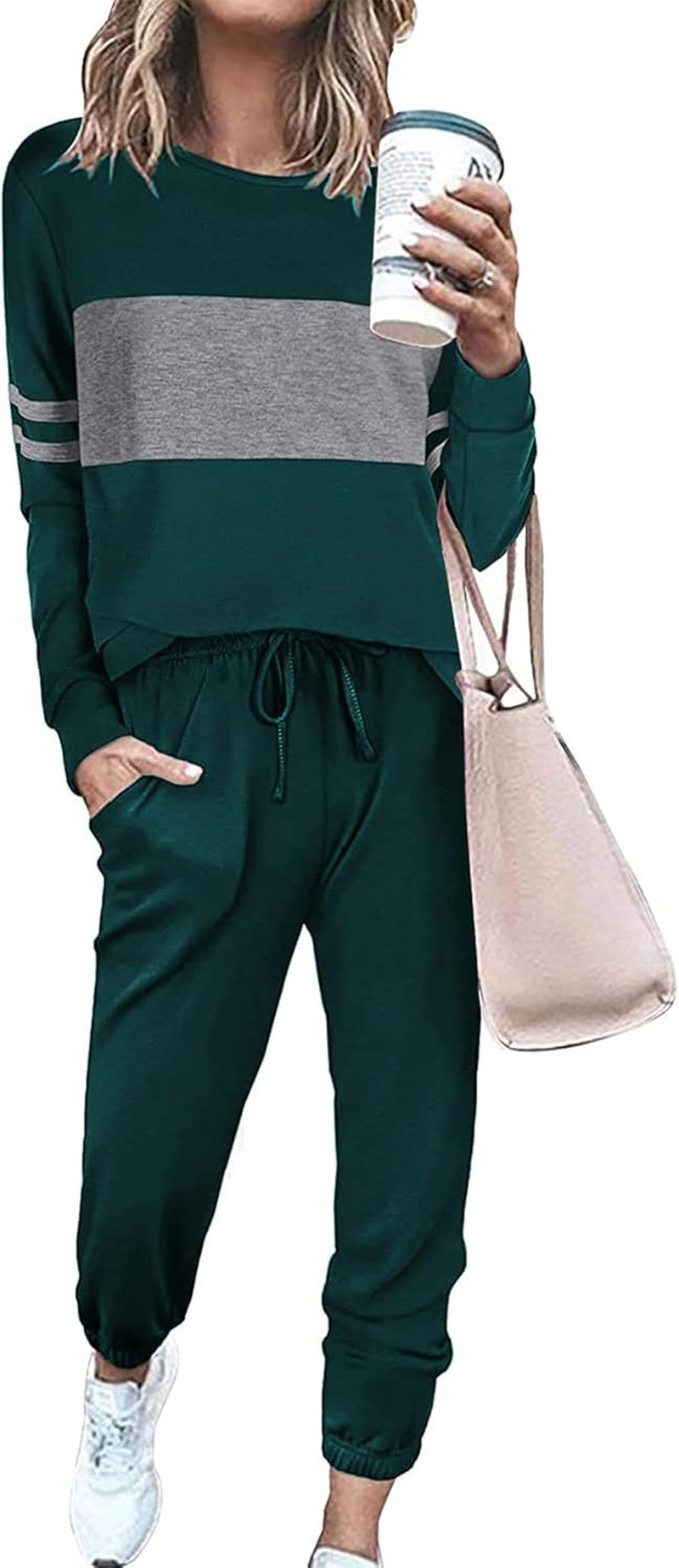 Women Color Block 2 Piece Sets Tracksuit | Long Sleeve Tops, Drawstring Jogger Pants, Side Pockets, Casual Loungewear Sweatsuits, Fall Travel Outfits, Matching Clothing