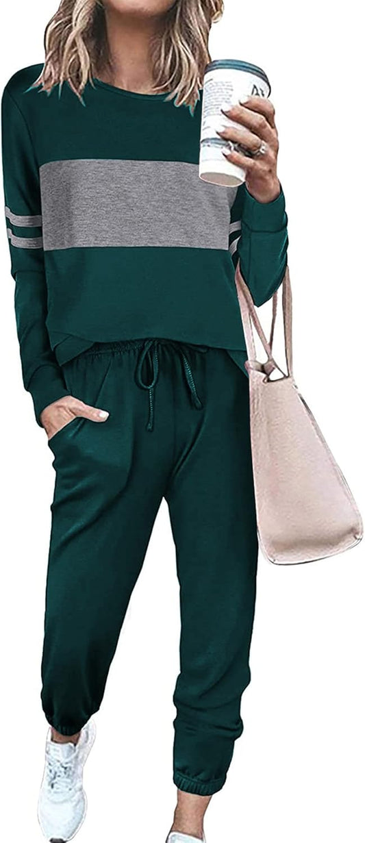 Women Color Block 2 Piece Sets Tracksuit | Long Sleeve Tops, Drawstring Jogger Pants, Side Pockets, Casual Loungewear Sweatsuits, Fall Travel Outfits, Matching Clothing