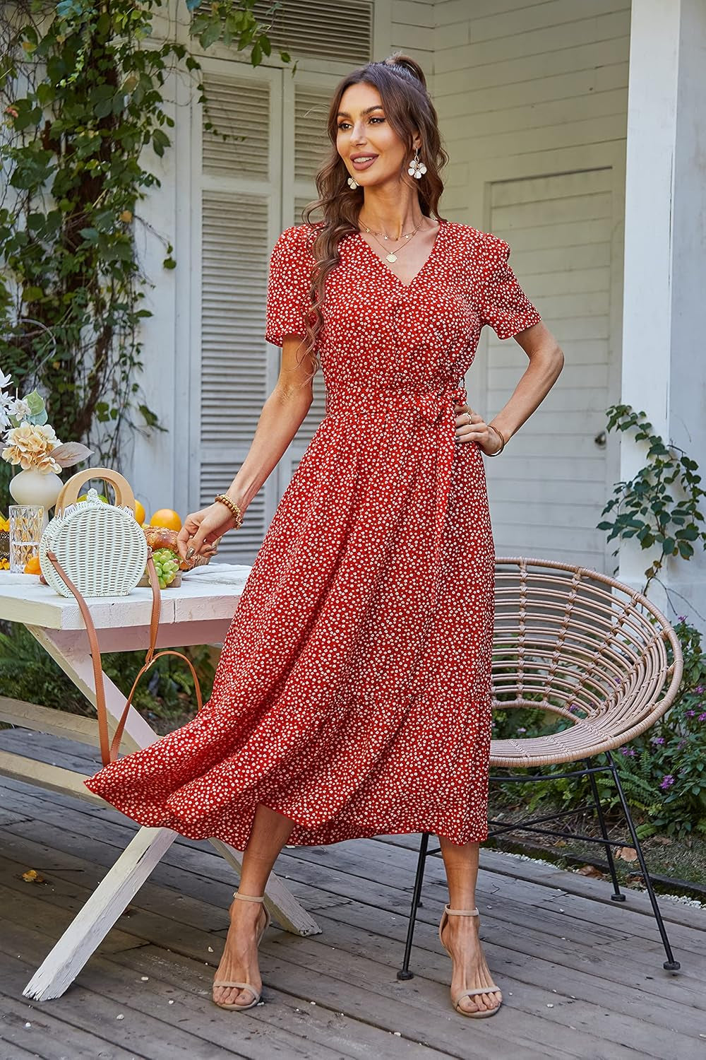 Women'S Summer Floral Boho Maxi Dress | Short Sleeve Wrap V Neck, Long Flowy Ruffle Dresses, Spring Wedding Guest Outfits for Beach Vacation, Resort Wear, Tea Party
