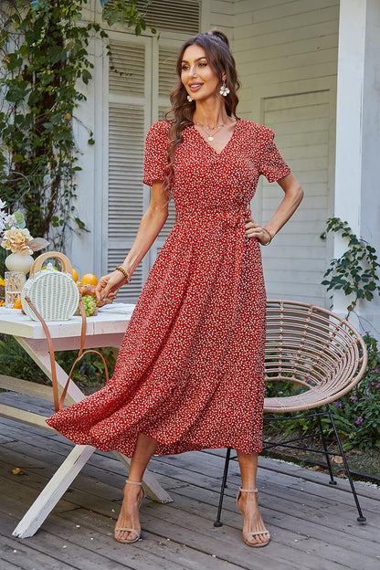 Women'S Summer Floral Boho Maxi Dress | Short Sleeve Wrap V Neck, Long Flowy Ruffle Dresses, Spring Wedding Guest Outfits for Beach Vacation, Resort Wear, Tea Party