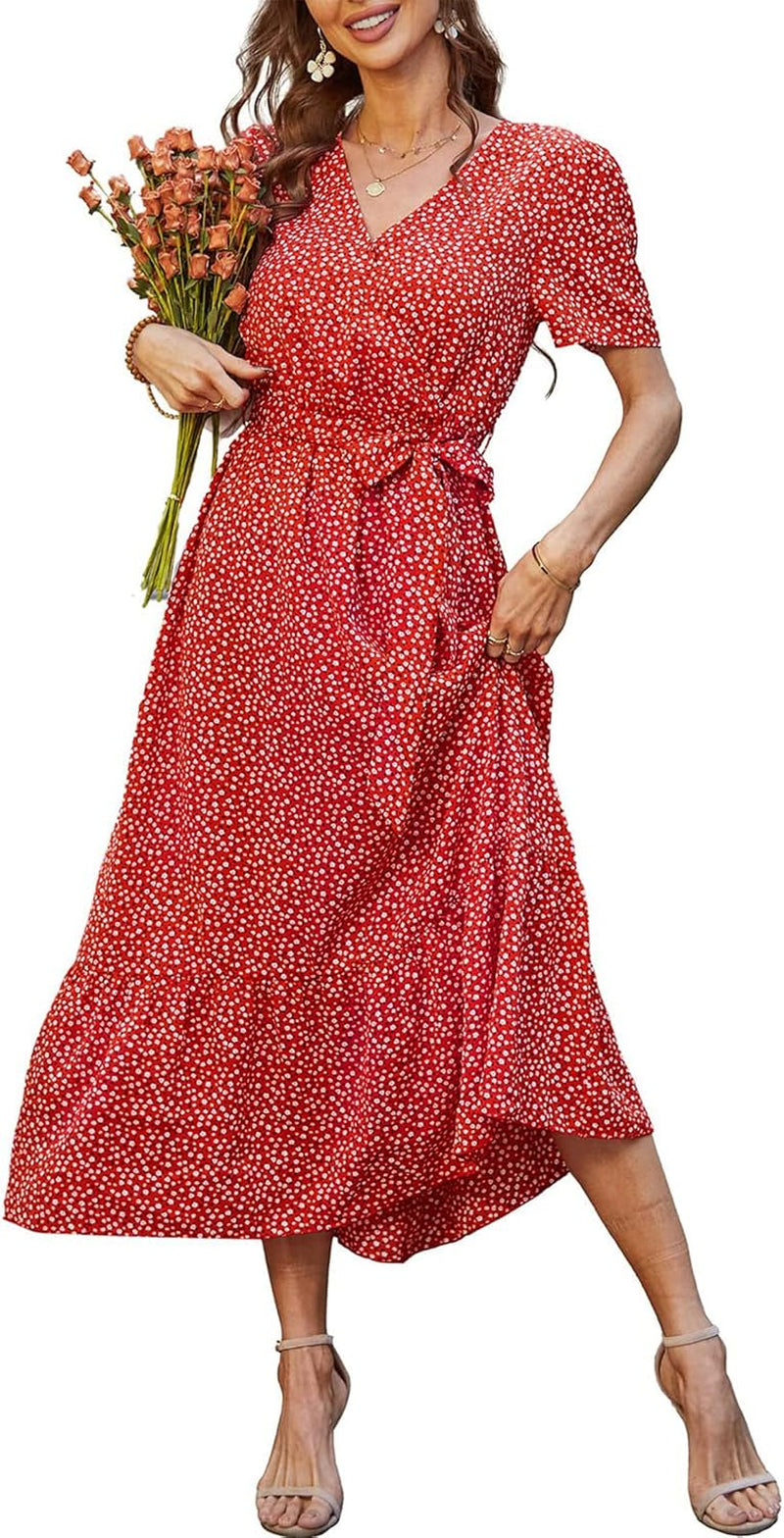 Women'S Summer Floral Boho Maxi Dress | Short Sleeve Wrap V Neck, Long Flowy Ruffle Dresses, Spring Wedding Guest Outfits for Beach Vacation, Resort Wear, Tea Party