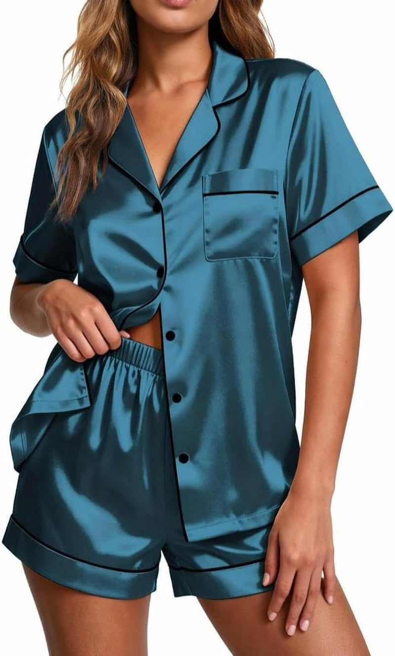 Pajamas for Women Set Silk Satin Pjs 2 Piece Button down Sleepwear | Classic Notch Collar Pjs,Soft Casual Sleepwear,Loungewear Top and Shorts for Bridal Gifts,Daily Wear,Party,Vacation